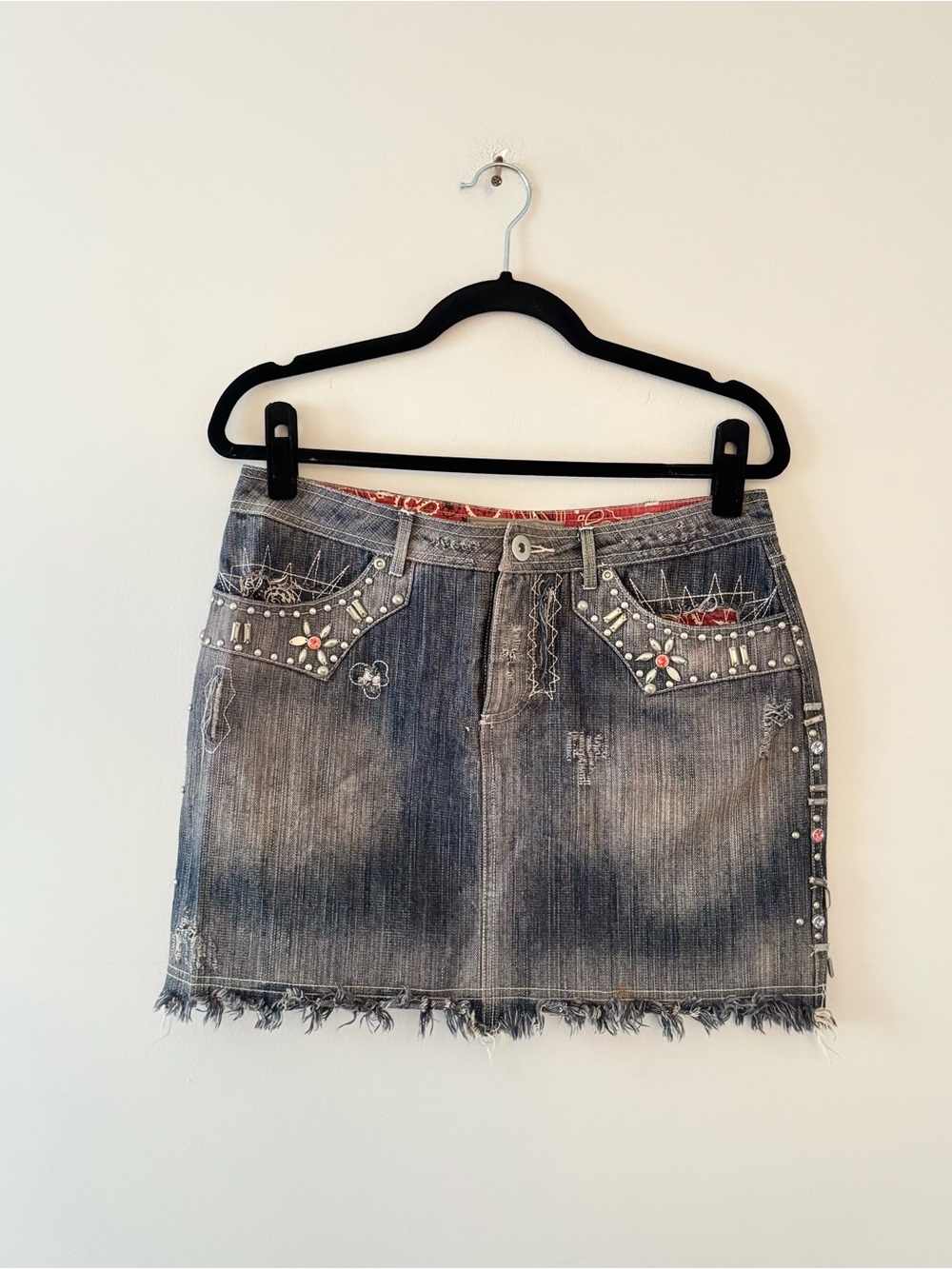 Double D Ranch Distressed Embellished Denim Mini Skirt Raw Hem Jean Beading